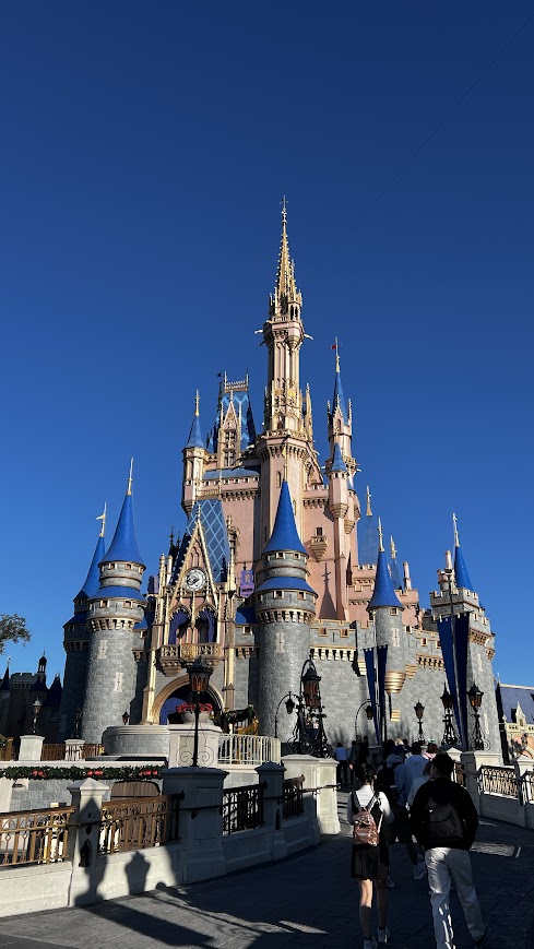 Cinderella Castle on a cloudless, blue sky day at Magic Kingdom.