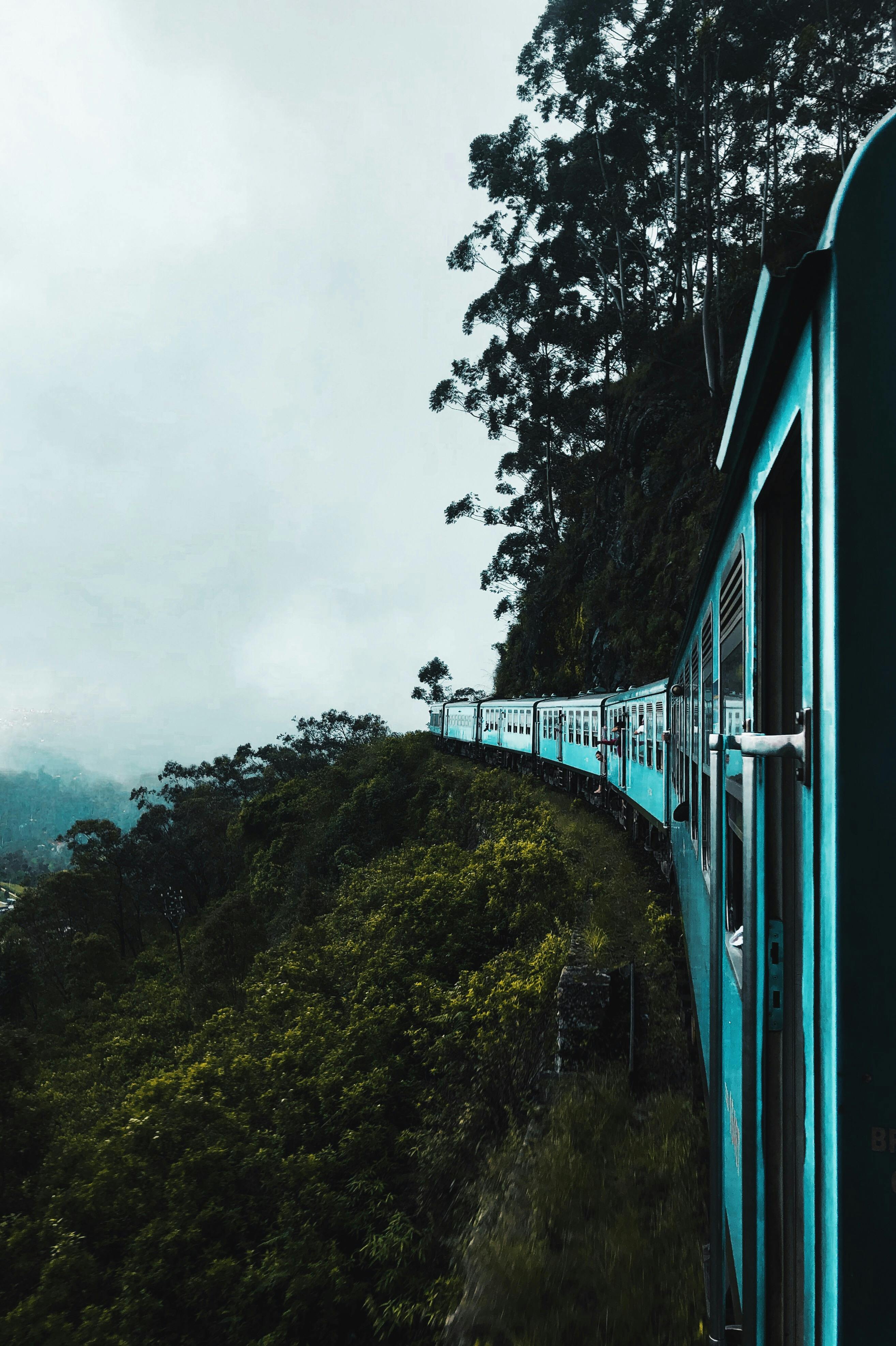 Dusky train moving along a curve in a mist forest.