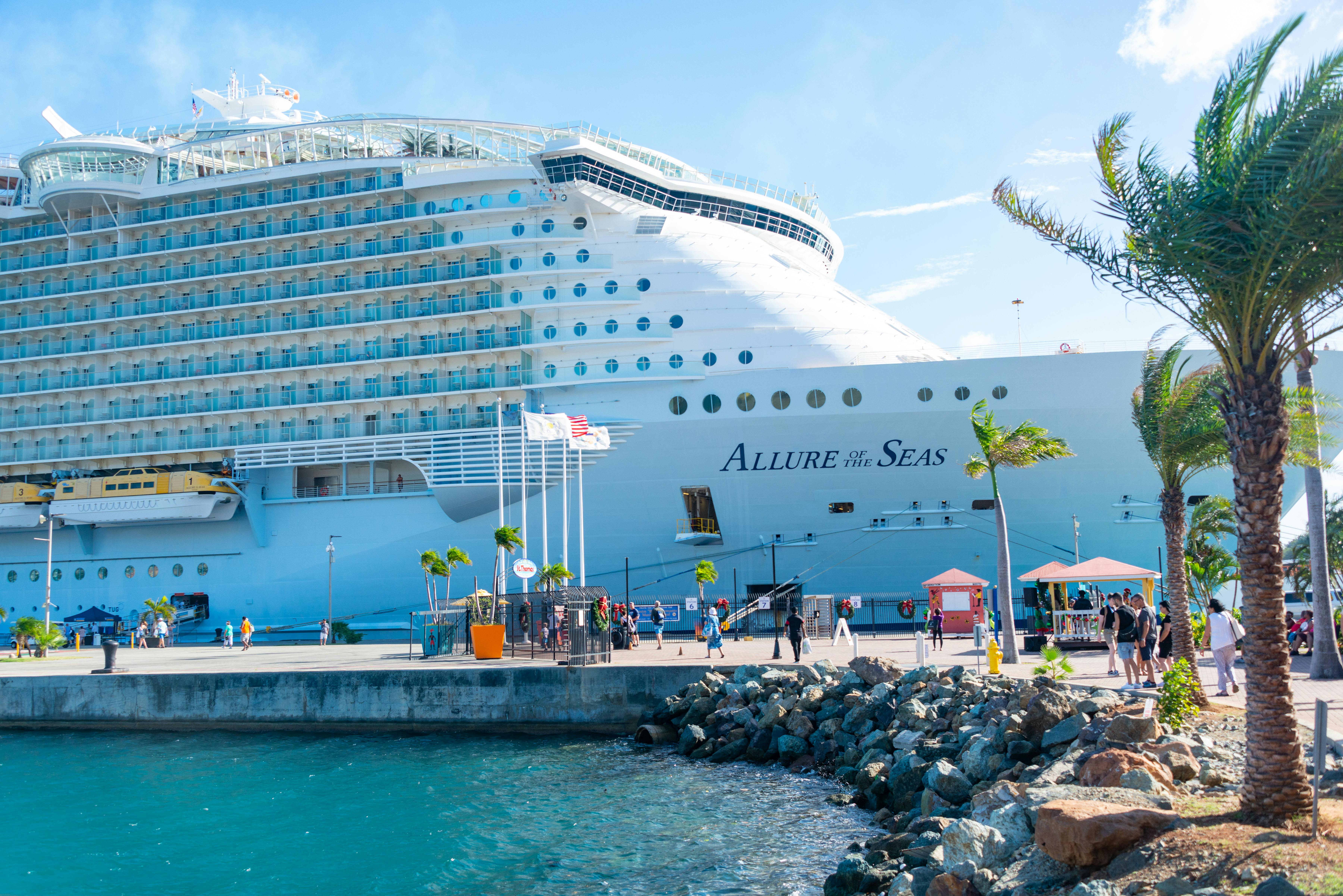 Royal Caribbean's Allure of the Seas on a beautiful sunny day in a tropical destination