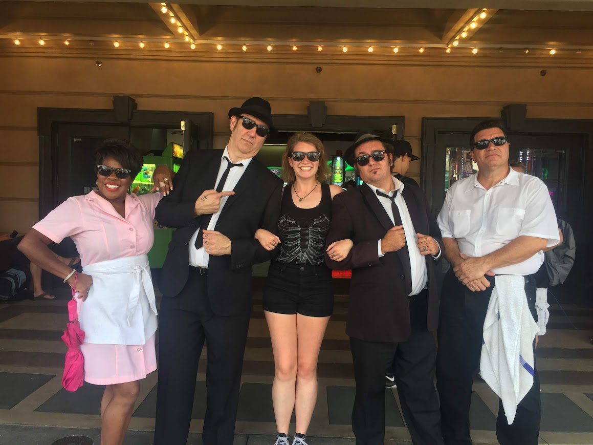 Myself in center, flanked by the Blues Brothers and two other characters in Universal Orlando