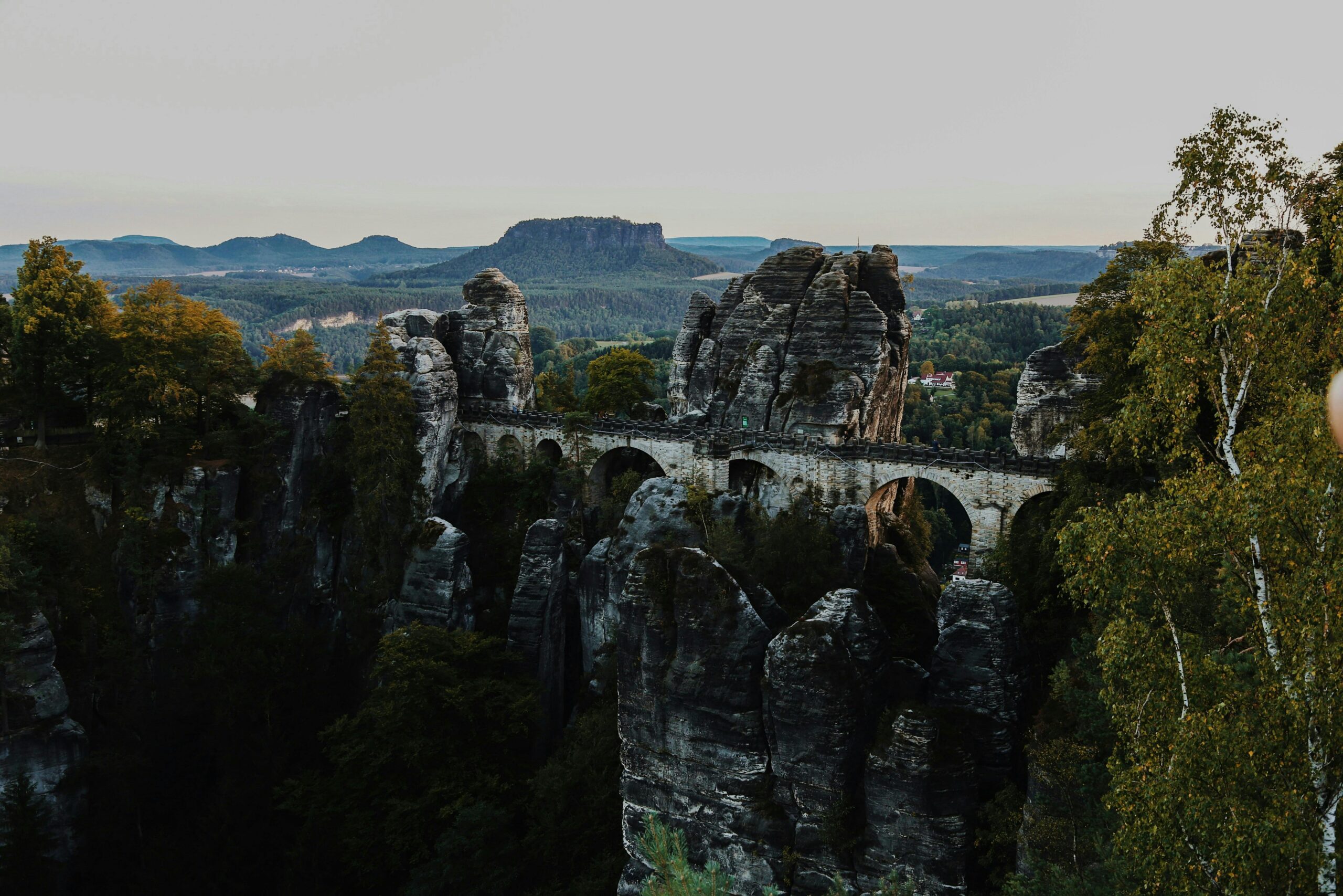 Moody image of the Bastei Bridge in the Harz Mountains of Germany.