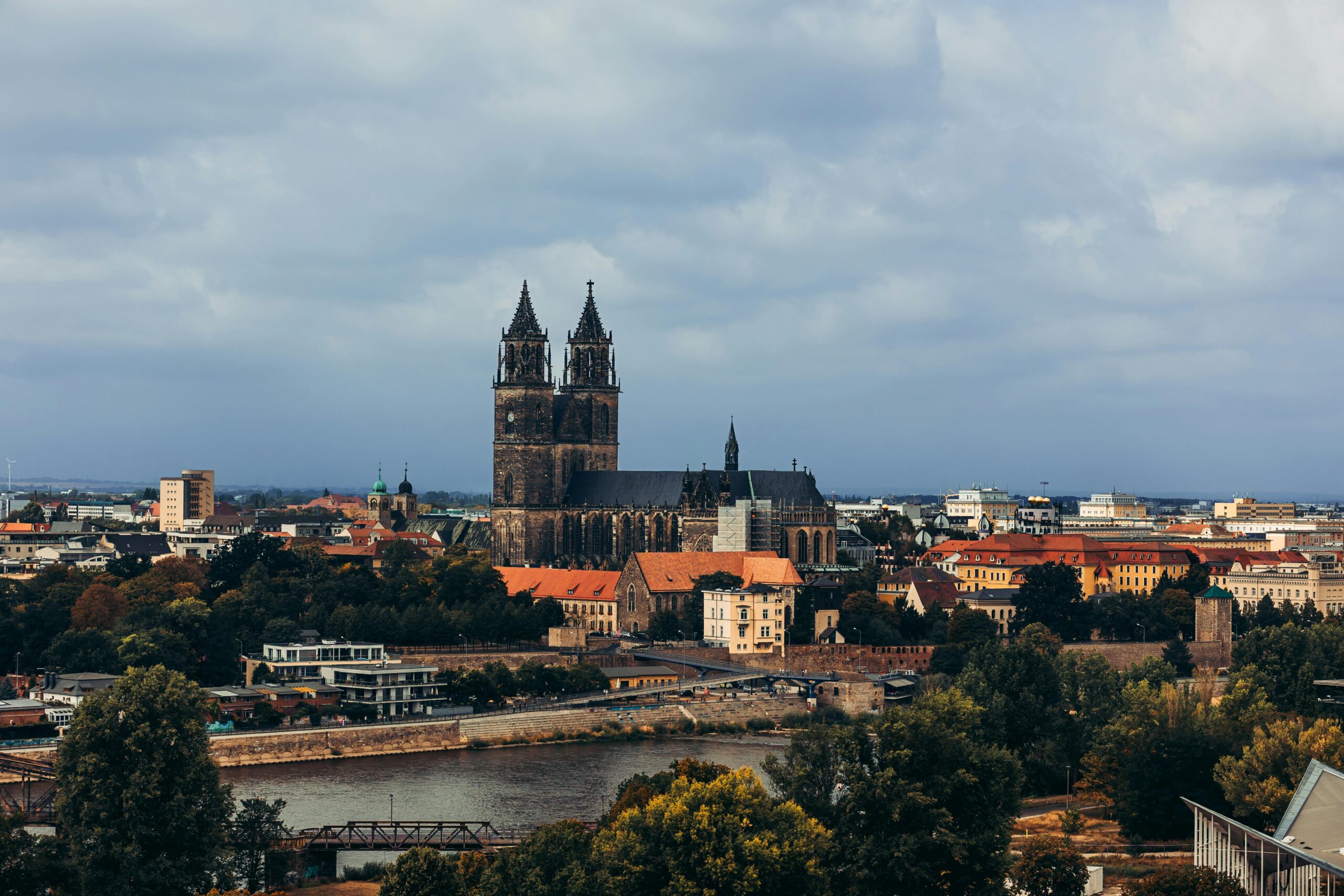 Madgeburg, Saxony-Anhalt, Germany's skyline on a cloudy day.
