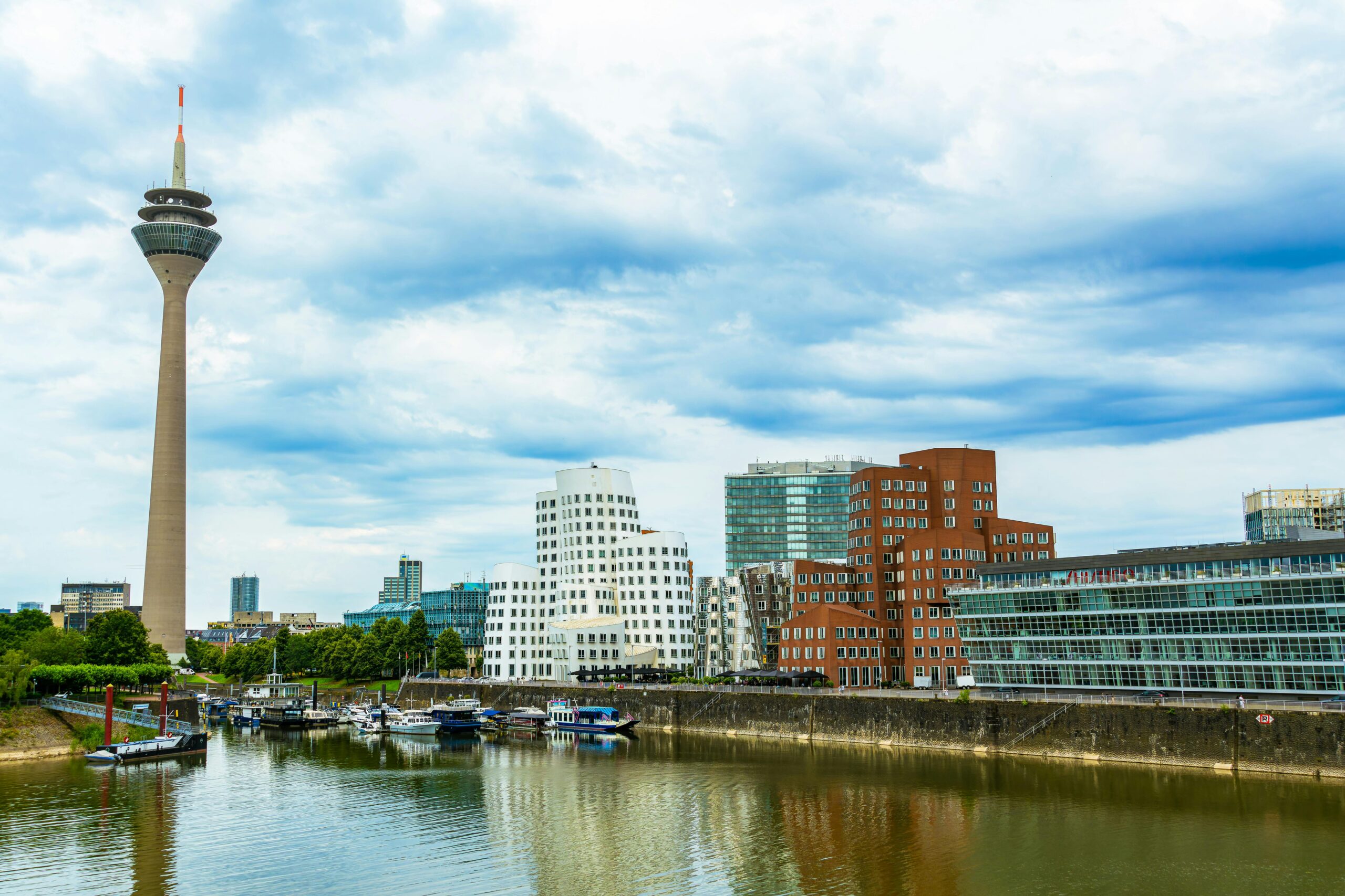 Dusseldorf skyline on a beautiful, somewhat cloudy day.