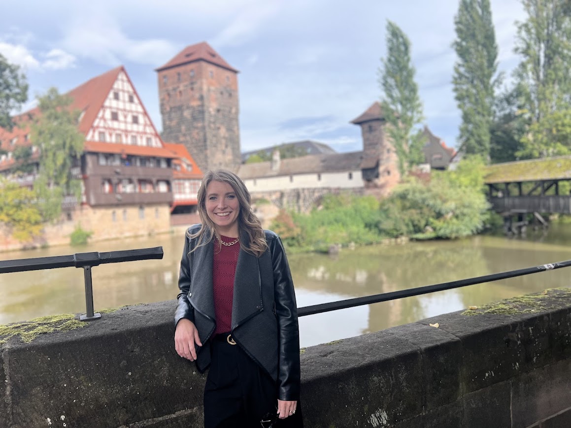 Joy standing at an iconic European intersection in Nuremberg, Germany on a beautiful fall day.