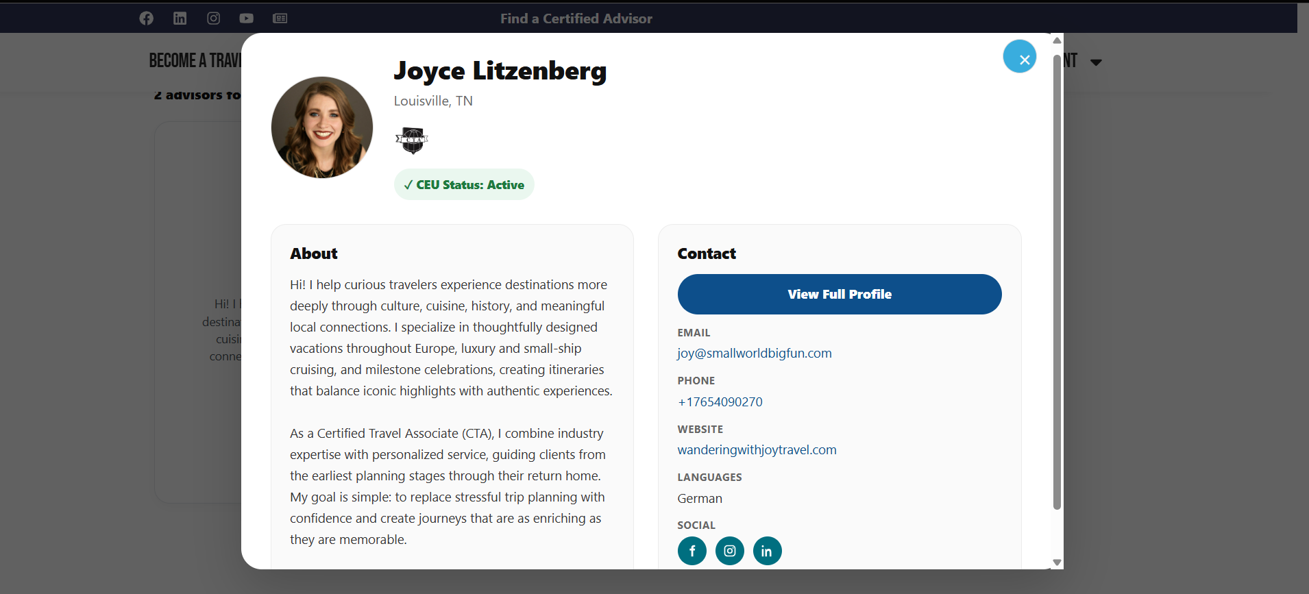 A view of Joy Litzenberg's CTA profile on the Travel Institute's website.